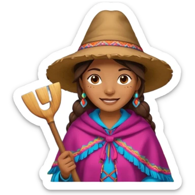 3D emoji style illustration of a Peruvian Andean farmer (woman), wearing traditional chullo hat and poncho, holding a hoe, smiling, mountains in background, bright natural colors, bold outlines, glossy sticker style, transparent background sticker
