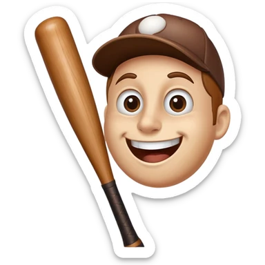 A wooden baseball bat with a friendly face including eyes, nose and smiling mouth sticker