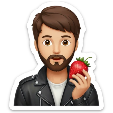 dressed with a black leather jacket, a brunette guy with a beard and toupee eating a strawberry sticker