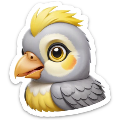 Cinematic Cute Cockatiel Portrait Emoji, Head tilted playfully and inquisitively, featuring a smooth grey fur with bright yellow accents and a perky crest, round, sparkling dark eyes filled with curiosity, Simplified yet irresistibly adorable features, highly detailed, glowing with a warm, friendly glow, high shine, affectionate and lively, stylized with a touch of whimsy, bright and endearing, soft glowing outline, capturing the essence of a mischievous yet loving cockatiel, so playful it feels like it could chirp out of the screen and into your arms! sticker