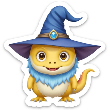 cute monster with white body, yellow tail, wearing blue sky witch hat. the face facing the front towards the 4th wall sticker