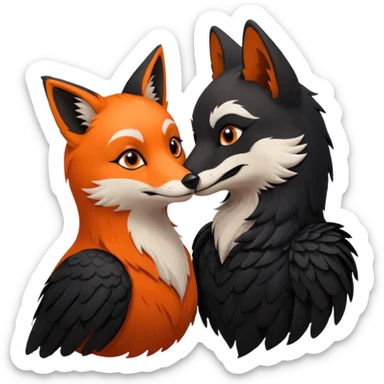 A female crow and a male fox kissing each other. sticker