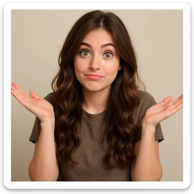 girl with long brown wavy hair, green eyes, shrugging, playful expression, upper body, simple background sticker