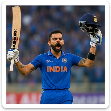 Virat Kohli, famous cricketer, celebrating a century, blue Indian team jersey, short hair, trimmed beard, passionate expression sticker