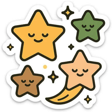 A  collection of cute, glowing stars floating gently in a soft, dreamy sky. The stars vary in size and are designed in a warm and whimsical color palette: golden orange (FA9B41), deep forest green (4A7C5C), muted taupe brown (96775A), and pastel peach (FFCC9A). Each star has a soft, rounded shape with tiny smiles or sparkles on their surfaces, giving them a friendly, magical look. Some are twinkling, while others leave gentle trails of light in peach and gold. The background is softly lit, creating a cozy, enchanted atmosphere like a bedtime story illustration. sticker
