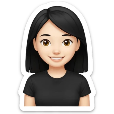 a pretty bratz fair girl with straight black hair, wearing a black tshirt, smiling sticker
