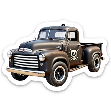 1:10 off-road lcg smoking rusting Basher style Wednesday Adam’s 1954 blackened tarnished hotrod rat rod streamlined anime International zombie extended cab rc bulging pickup (extra wide low-profile pin tires chrome wheels with fenders) sticker