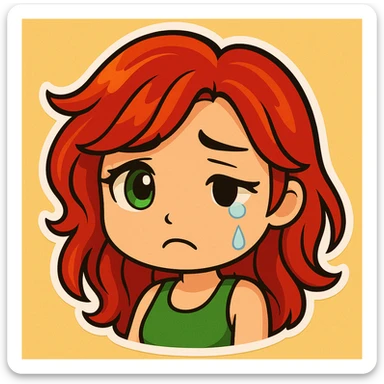Edit the girl's face to have a sad, teary-eyed expression, keeping the original cartoon style and quality consistent with chibi stickers style. sticker