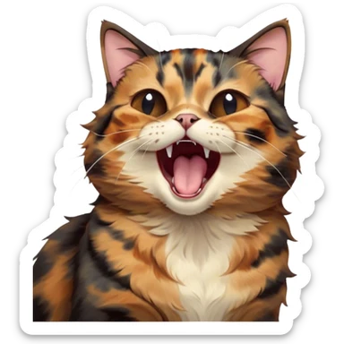 Cinematic Cute Yawning Tortoiseshell Cat Portrait Emoji, Head slightly tilted with a wide, adorable yawn and half-closed, dreamy eyes, featuring a warm, mottled fur of rich browns and blacks, simplified yet irresistibly cute, highly detailed, glowing with a soft, slumbering radiance, high shine, exuding a relaxed, drowsy charm, styled with a gentle, soft glowing outline, capturing the essence of a tortoiseshell cat in a precious moment of sleepy delight! sticker