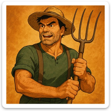 highly detailed illustration of a robust middle-aged farmer with sun-bleached face, black hair, strong jaw, furrowed brow, three-day beard, green trousers with suspenders, green T-shirt, straw hat, clutching rustic pitchfork, determined and excited, warm golden-brown textured background, bold lines, vibrant earth tones, dramatic lighting, rural America sticker