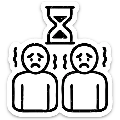 ultra-minimalist outlined icon of two figures, trembling clock or hourglass, extremely worn and eroded texture, anxious and stressed expressions, sense of terror sticker