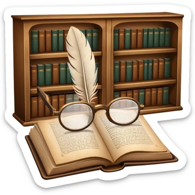 An icon featuring an open book with classic text, a feather quill, and reading glasses, symbolizing literary studies. The design includes old library shelves and vintage manuscripts in the background. Transparent background emphasizes the deep analysis of written works and literary history. sticker