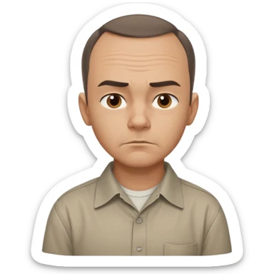 Carl from Sling Blade, serious expression, recognizable features, chin sticking out, slouching posture, no glasses, shirt with collar,  side view,show his entire body, he is standing. three-quarter face angle. He sticks his head forward. face should be more realistic sticker
