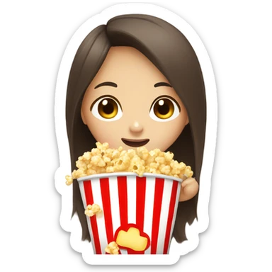 Cute Asian girl with long brown hair eating popcorn sticker