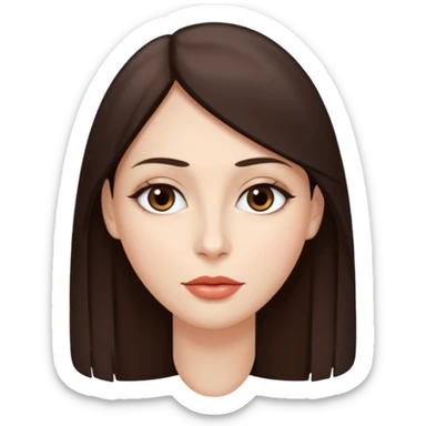 Chica Güera de piel con pelo castaño oscuro liso y largo. Cara delgada, ojos rasgados y marrones oscuros y labios carnosos. Maquillada. Delgada . Top blanco.  sticker