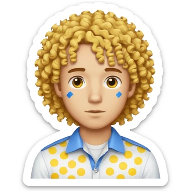 Make me an emoji that has a guy with a white shirt and yellow tape around the shirt with brown and blue spots hair make the hair curly make the yellow tape go around it sticker