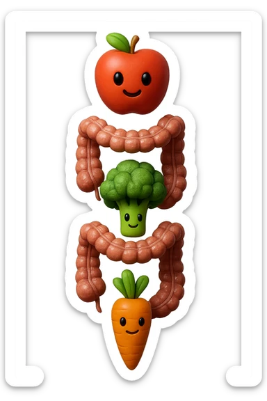 emoji stile iphone in 3d di cibo sano che fluttua in aria vericalmente insieme ùa pezzi di colon umano anatomico, iperrealistico 4k sticker