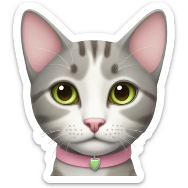 grey and tan cat with cream pattern on her forehead. Pink collar.  Green eyes and a pink nose sticker