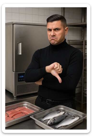 a man stands in front of a commercial fish blast freezer (abbattitore), arms crossed and a displeased, skeptical expression on his face. He shakes his head or gives a thumbs down, clearly rejecting the use of the freezer. The background shows a professional kitchen or fish processing area, with trays of fish ready for freezing. in italiano sticker