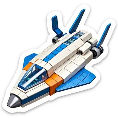 A photorealistic icon featuring a detailed LEGO spaceship, with colorful bricks assembled into a futuristic design. The model includes small LEGO pieces, creating a sense of craftsmanship and creativity. Transparent background, symbolizing LEGO building and space exploration. sticker
