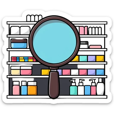 front view magnifying glass over empty beauty product shelf searching sticker