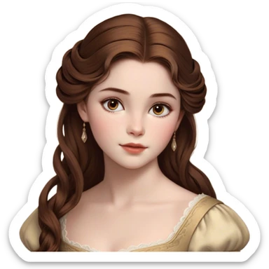 Cinematic Realistic Belle Portrait, depicted with lifelike skin texture, soft natural lighting, and intricately detailed brown hair styled elegantly. Her deep, expressive eyes exude warmth and intelligence, complemented by a serene and graceful expression. She is dressed in her classic attire, with rich fabric textures and delicate folds that catch the light beautifully. The portrait features a soft, enchanting glow with a natural, radiant finish, capturing the essence of timeless beauty in a realistic and painterly style, evoking a sense of depth and authenticity. sticker