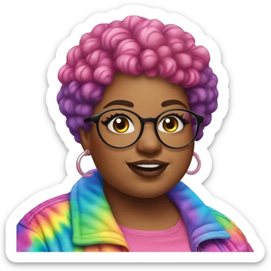 Plus size black woman with chinky eyes, pink curly pixie cut hair and a rainbow tie dye bubble jacket  sticker