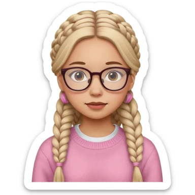 black cute young adult girl with classes and braids that are long , and some blush, in a pink sweater  sticker