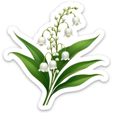 Botanically accurate lily of the valley with large oval basal leaves pointing upward, and a central stem with small white bell-shaped flowers hanging to one side sticker
