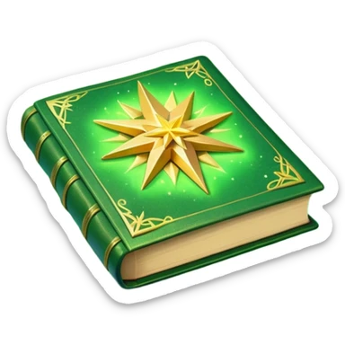 A **green, glowing book** with **golden edges**, floating with **sparkles and magical wisps** around it. The cover features a **golden starburst sigil**, symbolizing charm and radiance. ✨📖 sticker