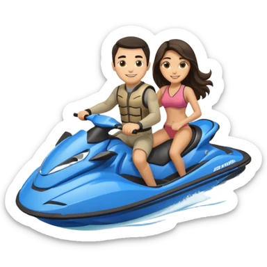 Light tan male dark hair & light tan female long dark hair on a blue jet ski no sunglasses sticker