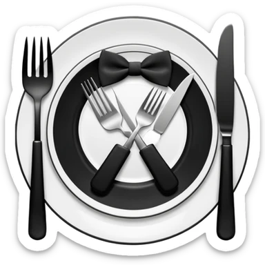 Minimalistic flat vector icon, iOS style, thin black contour on white background. Fork and knife crossed on a plate with a small bow tie above. Clean, no text, no shadows sticker