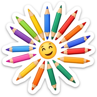 colorful drawing on paper with crayons and pencils nearby, fun and inviting sticker