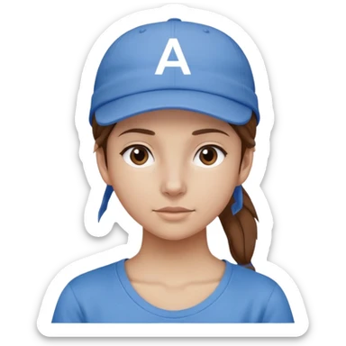 fille les cheveux chatain attachés avec une casquette bleu et un "AE" blanc dessus, elle porte un t-shirt de couleur gris  sticker