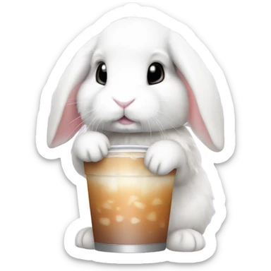 White mini lop rabbit drinking boba tea sticker