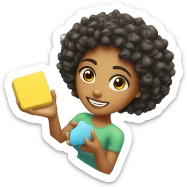 Mixed girl with curly hair holding sponge over sink sticker