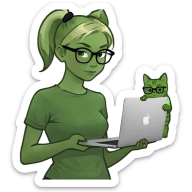Blonde girl ponytail green eyes with macBook and a cat sticker