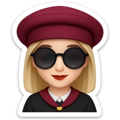 Add stylish sunglasses to the girl with a burgundy hat in the style of emoji, keeping the emoji style look. sticker