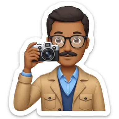 blackman, glasses, and black moustache with a fujifim camera, taking pictures sticker