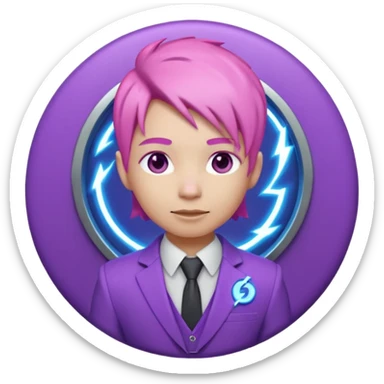 Cute 3D emoji-style character with pink hair and purple eyes, inside a circular badge. No hands, no pose. Clean purple suit with a glowing neon-blue ‘C’ logo on the chest, small lightning accent. Smooth Apple-style lighting, friendly expression sticker