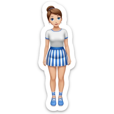 Pretty 50-year-old woman with 1 miniskirt that is blue and white striped brown hair in bun blue eyes and pretty legs sticker