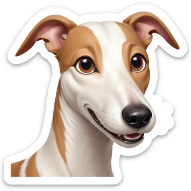 Cinematic Comical White and Brown Greyhound Portrait Emoji, Head tilted dramatically with an exaggeratedly amused expression, featuring a striking white Fur with dynamic brown accents, wide, expressive eyes filled with playful disbelief, Simplified yet hilariously expressive features, highly detailed, glowing with a slightly sassy glow, high shine, dramatic yet playful, stylized with an air of cheeky mischief, bright and endearing, soft glowing outline, capturing the essence of a spirited and over-the-top racer, so meme-worthy it feels like it could side-eye its way into internet fame instantly! sticker