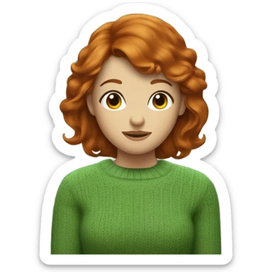 Redhead woman with bangs and hazel eyes, wearing a green sweater sticker