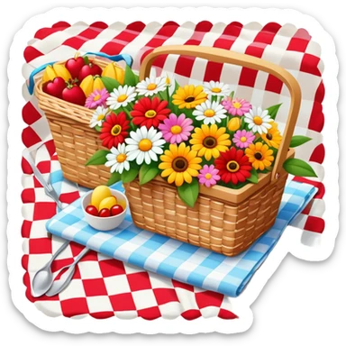colorful bouquet of flowers on a red and white checkered picnic blanket with small picnic basket nearby sticker