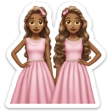 two teenage Latina twins. pink. Long hair. Pink bows. Pearls. Light pink. Diamonds dress. sticker