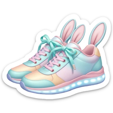 Cute Kawaii Shoe, small and bouncy, soft pastel sneakers with glowing highlights, cute sparkling eyes, a happy cheerful expression, laces tied like bunny ears! sticker