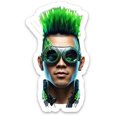 Mohawk hair with neon green highlights Asian male cyborg head with neon silver steampunk goggles and circuits sticker
