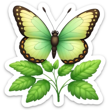 A fluffy bush with soft light-green foliage and a small butterfly sticker
