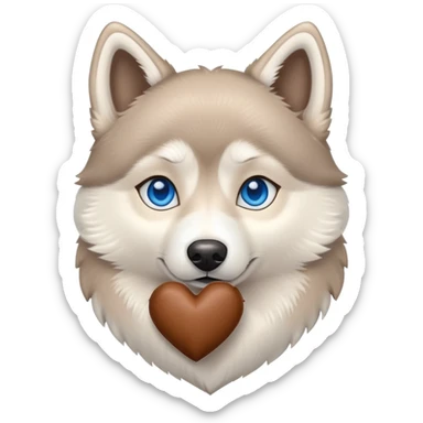 Beige husky with blue eyes holding a brown heart sticker