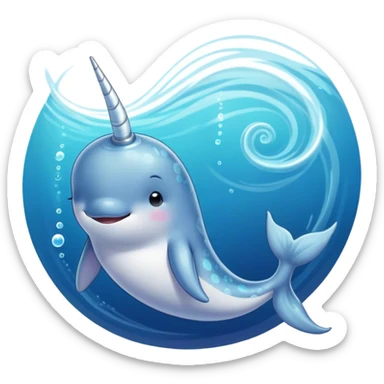 Beautiful and Majestic Cute Narwhal Portrait Emoji, Head and body rendered in serene repose with a gentle, radiant smile, showcasing a streamlined, graceful form adorned with a luminous spiraled tusk and peacefully closed eyes, Simplified yet exquisitely endearing features, highly detailed, glowing with a soft, majestic ocean light, high shine, serene and utterly enchanting, stylized with an air of magical marine splendor, soft glowing outline, capturing the essence of a beautiful and majestic cute narwhal that embodies the quiet wonder of the deep blue! sticker